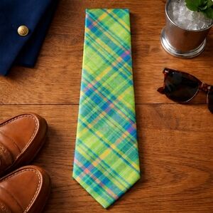 IZOD 100% Silk Madras Plaid Tie 3.25" Green Blue Pink Spring Preppy Wedding